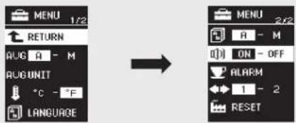 MENU 1/2 RETURN AUG - M AUG UNIT °C - °F LANGUAGE → MENU 2/2 A - M ON - OFF ALARM 1 - 2 RESET