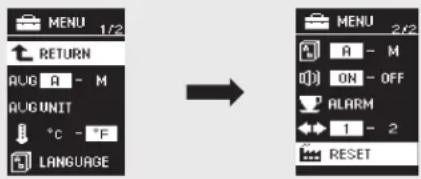 MENU 1/2 RETURN AUG A - M AUG UNIT °C - °F LANGUAGE → MENU 2/2 A - M ON - OFF ALARM 1 - 2 RESET