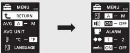 MENU 1/2 RETURN AVG A - M AVG UNIT °C - °F LANGUAGE → MENU 2/3 A - M ON - OFF ALARM 1 - 2 ON - OFF