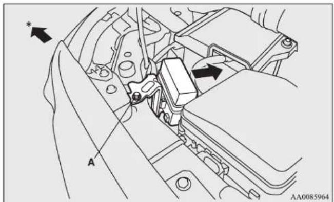 Technical diagram of a car engine compartment with labeled parts and directional arrows indicating assembly or movement.