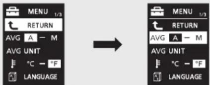MENU 1/3 RETURN AVG A - M AVG UNIT °C - °F LANGUAGE → MENU 1/3 RETURN AVG A - M AVG UNIT °C - °F LANGUAGE