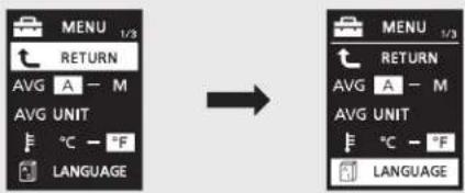 MENU 1/2 RETURN AVG A - M AVG UNIT °C - °F LANGUAGE → MENU 1/2 RETURN AVG A - M AVG UNIT °C - °F LANGUAGE
