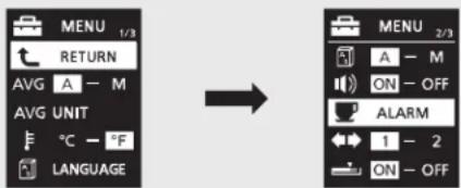 MENU 1/3 RETURN AVG A - M AVG UNIT °C - °F LANGUAGE → MENU 2/3 A - M ON - OFF ALARM 1 - 2 ON - OFF