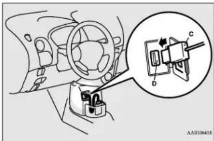 Diagram of car interior showing steering wheel, dashboard, and internal components with a magnified inset highlighting a mechanical component labeled C, D, and C.