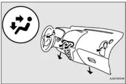 Diagram illustrating car safety instructions with directional arrows and a circular warning symbol