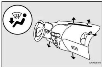 Diagram illustrating airflow or pollution control mechanism with labeled arrows and a circular icon showing a person falling into a fan.