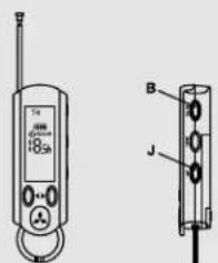 Technical diagram showing a handheld device with labeled components and a separate view of its internal structure with labeled parts B and J.