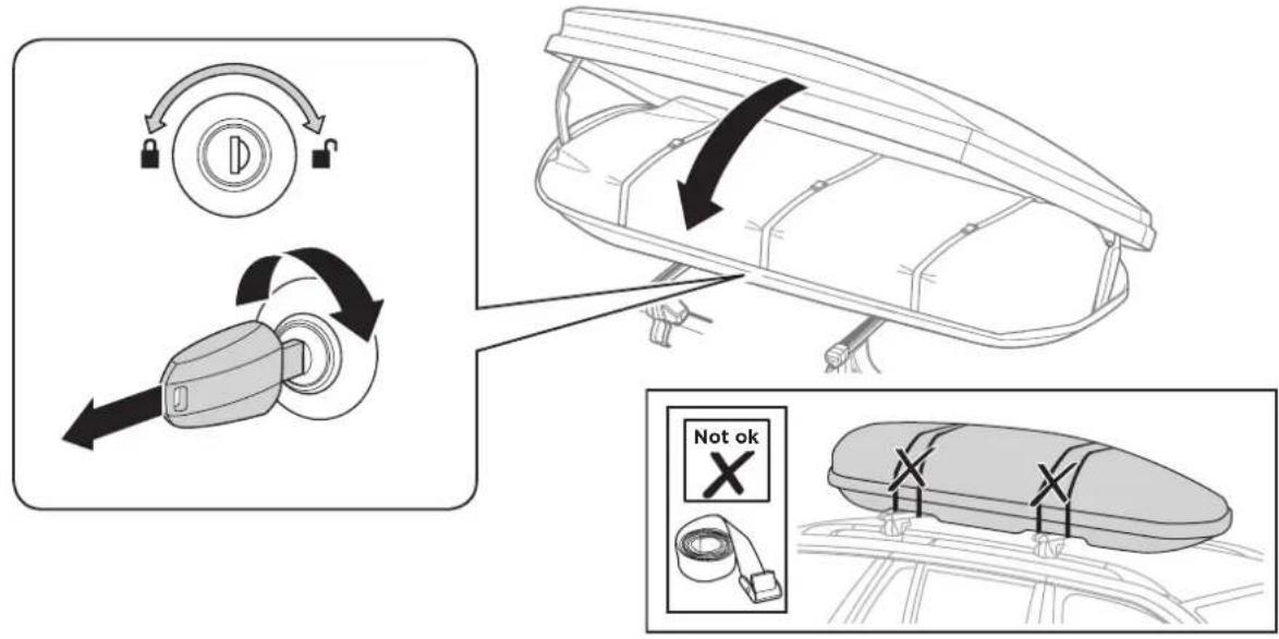 Diagram illustrating car seatbelt usage with lock and cable disassembly steps, including a warning sign for 'Not ok'.