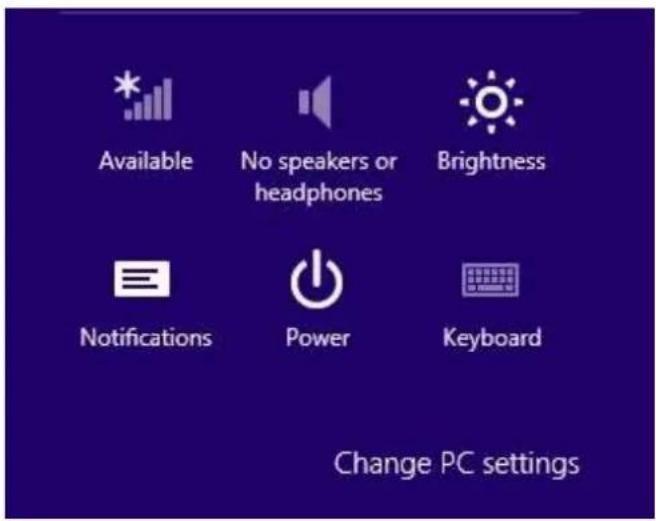 Available No speakers or headphones Brightness Notifications Power Keyboard Change PC settings