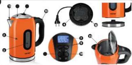 Product catalog image showing various kitchen appliances and accessories with numbered labels