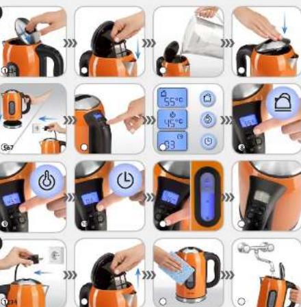 Step-by-step photo showing a hand-drawn cooking process of an orange kettle, including temperature adjustment and digital display control.