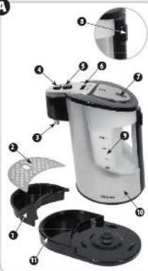 Exploded view diagram of a water heater with numbered parts and an inset close-up view