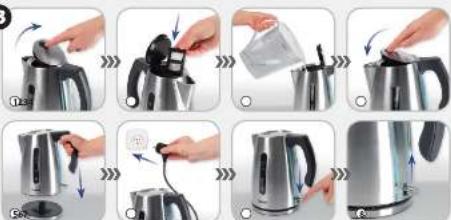 Step-by-step photo showing a hand pouring liquid into a kettle, with Chinese UI labels indicating steps and actions.