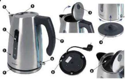 Exploded view diagram of a silver kettle with numbered parts and exploded views showing internal components