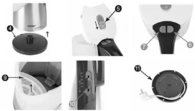 Technical diagram showing exploded views of a device with numbered parts, likely illustrating a mechanical or electrical assembly.