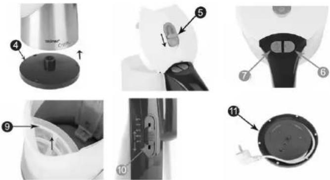 Exploded view diagram of a kitchen appliance with numbered parts for identification and assembly steps