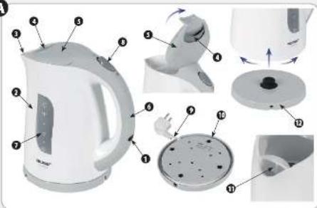 Exploded view diagram of a white water heater with numbered parts for identification and assembly reference.