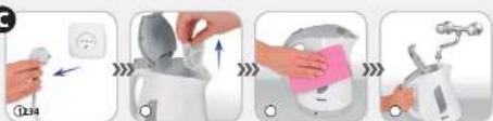 Step-by-step photo showing a hand holding a white kettle with a power outlet, followed by cleaning and refueling steps.
