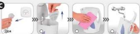 Step-by-step photo showing a hand holding a small object, pouring liquid into a container, then adding a pink cloth to a mug and finally adding a white tool.
