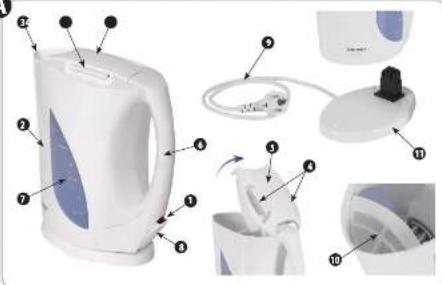 Diagram of a white electric kettle with numbered parts and labeled parts, likely illustrating components like gas or water cooling.