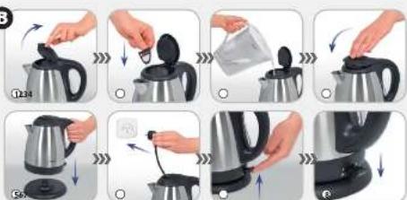 Step-by-step cooking process showing a kettle being added to a water dispenser, with numbered instructions and directional arrows.