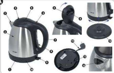 Exploded view diagram of a stainless steel kettle with numbered parts and internal components labeled 1 through 14.