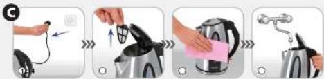 Step-by-step illustration showing a hand holding a kettle with a magnifying glass, followed by cleaning and cleaning the kettle.