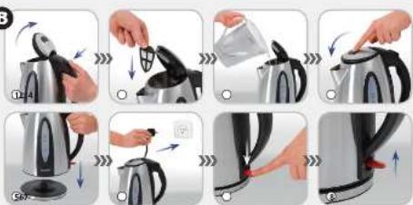 Step-by-step illustration showing a hand pouring liquid into a kettle, with Chinese UI labels and directional arrows indicating process flow.