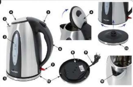 Exploded view diagram of a water heater with numbered parts and exploded views showing internal components
