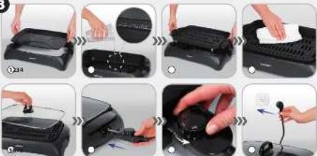 Step-by-step photo showing a hand cleaning a black appliance with a paper, including a close-up and mechanical adjustment.