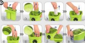 Step-by-step photo showing a hand pouring green liquid into a green container using a tool, with numbered arrows indicating sequence.