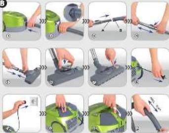 Step-by-step photo showing a hand using a vacuum cleaner to adjust air flow, with numbered instructions and directional arrows.