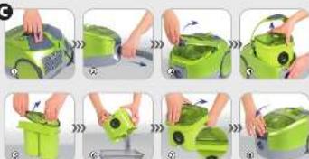 Step-by-step photo showing a green robotic device being processed with a tool, labeled with numbered steps from 1 to 9.