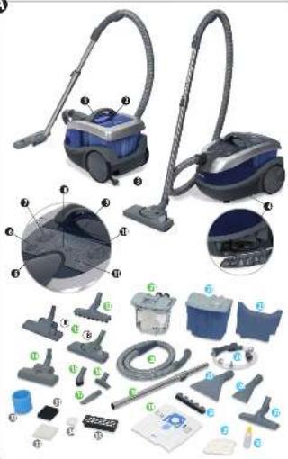 Exploded view diagram of a vacuum cleaner with labeled parts and exploded view