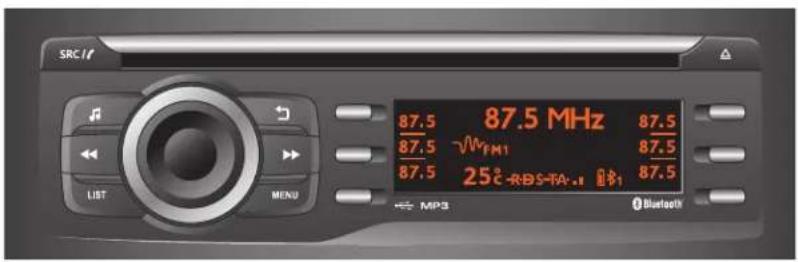SRC /f LIST MENU 87.5 87.5 MHz 87.5 87.5 √WFM1 87.5 87.5 25°-RDS-TA-18 87.5 MP3 Bluetooth