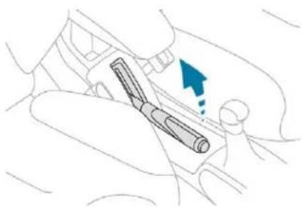 Line drawing of a hand holding a mechanical component, with a blue arrow indicating direction (no text or symbols)