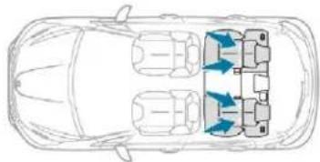 Top-down line drawing of a car with four cars and three blue arrows indicating flow or movement (no text or symbols)