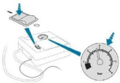 Diagram showing a device with a sensor and a gauge labeled 'bar', illustrating measurement or testing process.