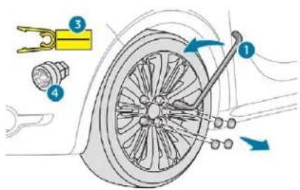 Diagram of bicycle wheel assembly with numbered parts and directional arrows indicating components