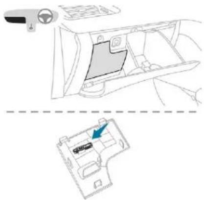 Diagram of a car interior showing dashboard, steering wheel, and dashboard controls (no text or labels)