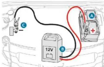 Diagram showing a car battery connected to two charging stations labeled A and B, with points C and B marked.
