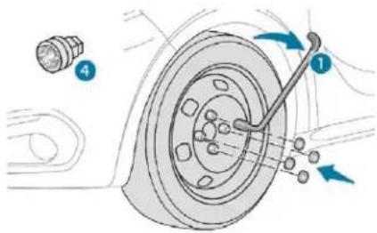 Technical diagram showing car wheel assembly with labeled parts and directional arrows indicating motion or movement.