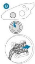 Diagram showing a circular object with internal components and two circular insets illustrating electrical connections (no text or symbols)