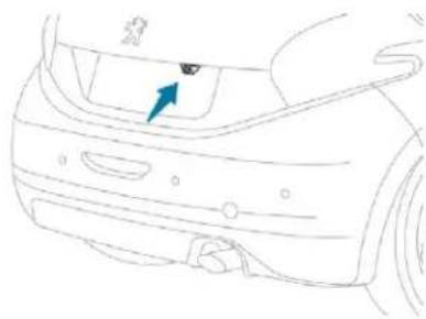 Line drawing of a car rear bumper with a blue arrow pointing to the side panel (no text or symbols)