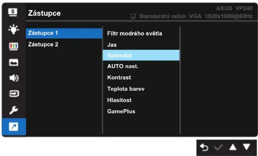 Zástupce Zástupce 1 Zástupce 2 Filtr modrého světla Jas Splendid AUTO nast. Kontrast Teplota barev Hlasitost GamePlus
