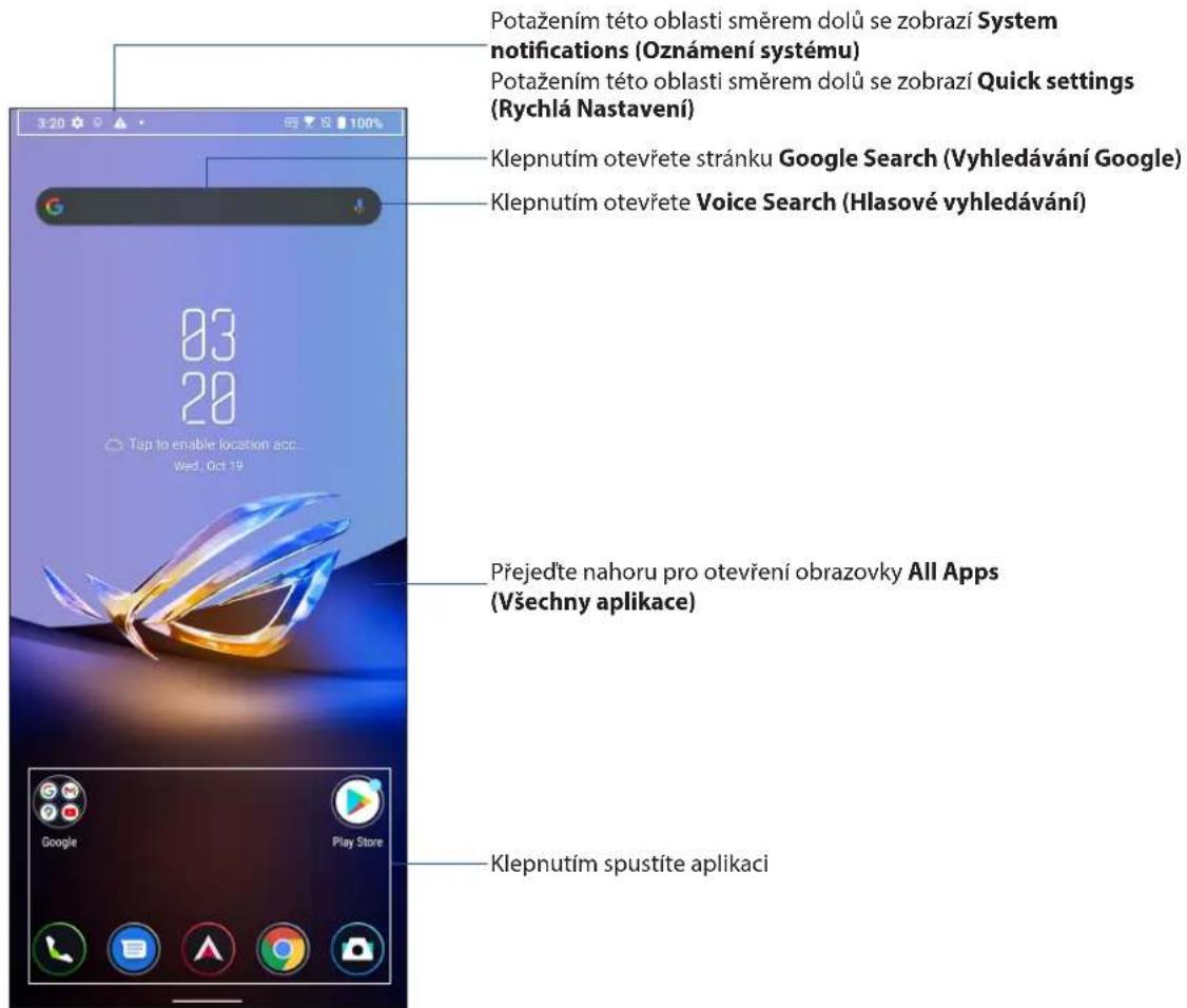 Potažením této oblasti směrem dolů se zobraží System notifications (Oznámení systému) Potažením této oblasti směrem dolů se zobraží Quick settings (Rychlá Nastavení) Klepnutím otevřete stránku Google Search (Vyhledávání Google) Klepnutím otevřete Voice Search (Hlasové vyhledávání) Přejedťe nahoru pro otevření obrazovky All Apps (Všechny aplikace) Klepnutím spustíte aplikaci
