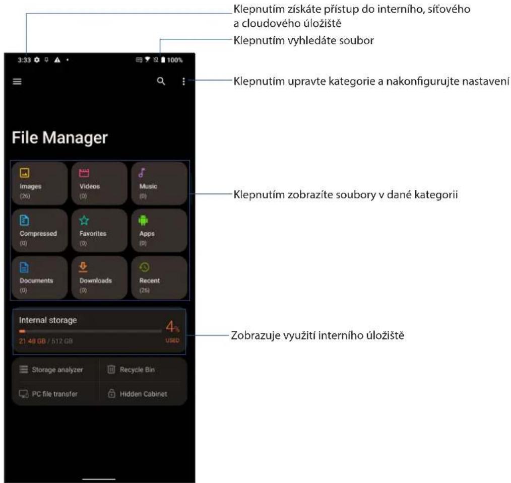 Klepnutím získáte přístup do interního, síťového a cloudového úložiště Klepnutím vyhledáte soubor Klepnutím upravte kategorie a nakonfigurujte nastavení File Manager Images (26) Videos (0) Music (0) Compressed (0) Favorites (0) Apps (0) Documents (0) Downloads (0) Recent (25) Internal storage 21.48 GB / 512 GB USED Zobrazuje využití interního úložiště Storage analyzer Recycle Bin PC file transfer Hidden Cabinet