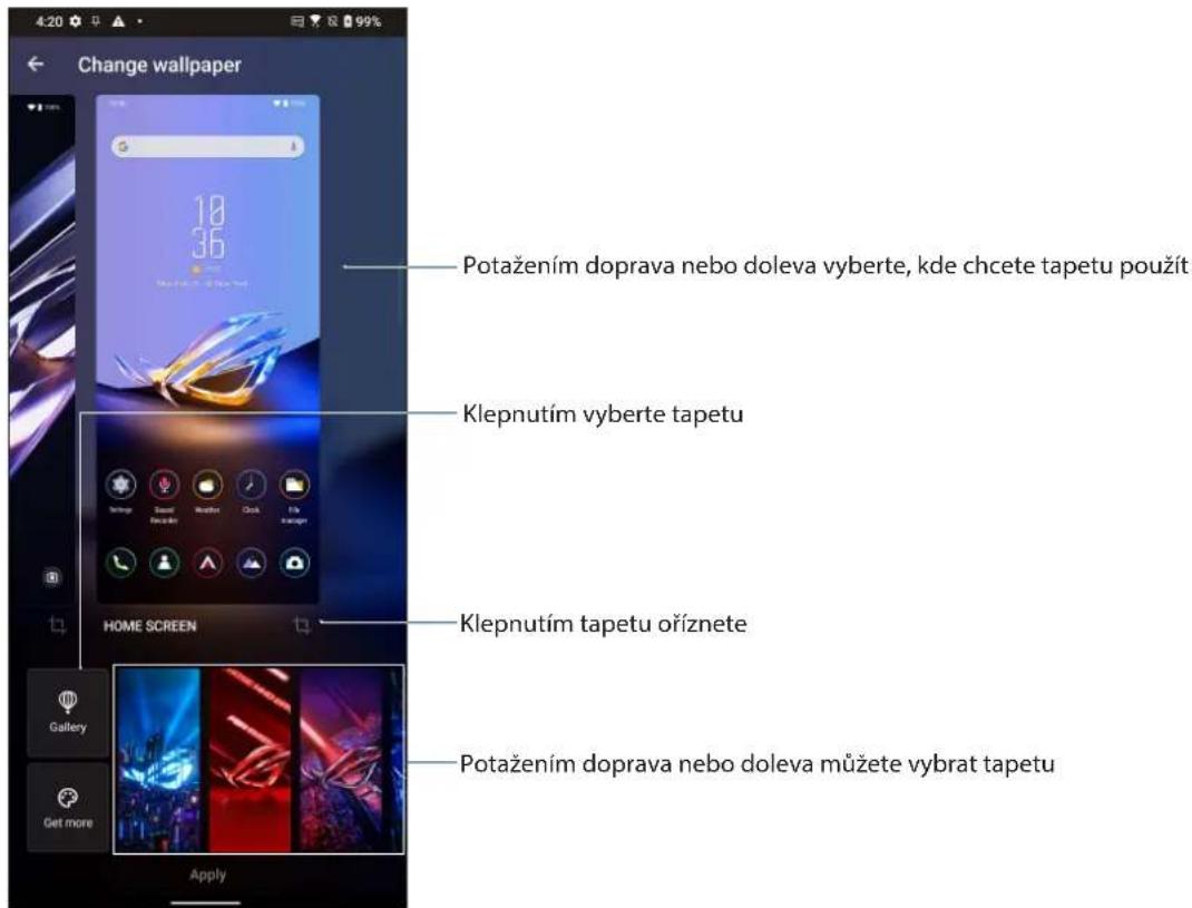 Change wallpaper Potažením doprava nebo doleva vyberte, kde chcete tapetu použít Klepnutím vyberte tapetu Home Screen Klepnutím tapetu oříznete Gallery Get more Apply Potažením doprava nebo doleva můžete vybrat tapetu