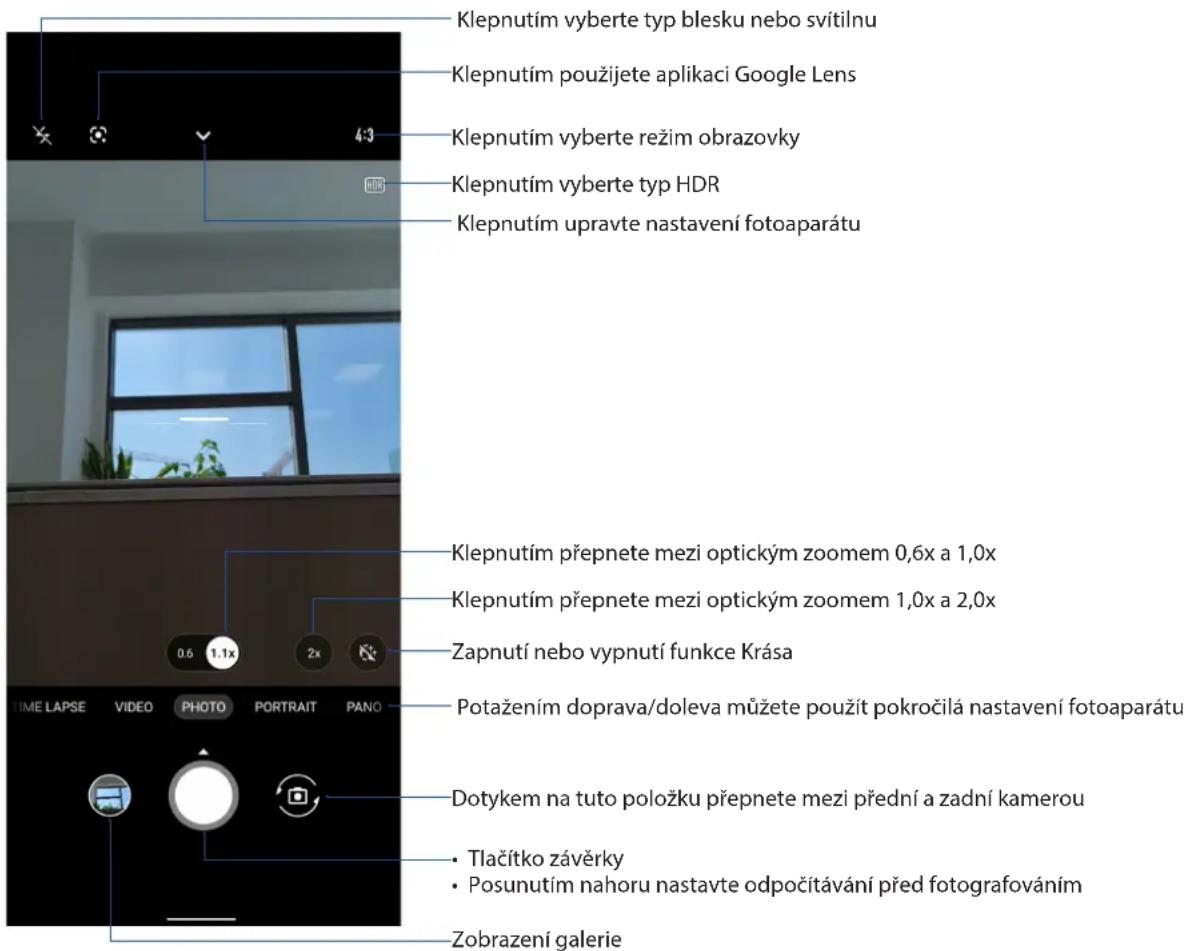 Klepnutím vyberte typ blesku nebo svítilnu Klepnutím použijete aplikaci Google Lens Klepnutím vyberte režim obrazovky Klepnutím vyberte typ HDR Klepnutím upravte nastavení fotoaparátu Klepnutím přepnete mezi optickým zoomem 0,6x a 1,0x Klepnutím přepnete mezi optickým zoomem 1,0x a 2,0x Zapnutí nebo vypnutí funkce Krása Potažením doprava/doleva můžete použít pokročilá nastavení fotoaparátu Dotykem na tuto položku přepnete mezi přední a zadní kamerou Tlačítko závěrky Posunutím nahoru nastavte odpočitávání před fotografováním Zobrazení galerie