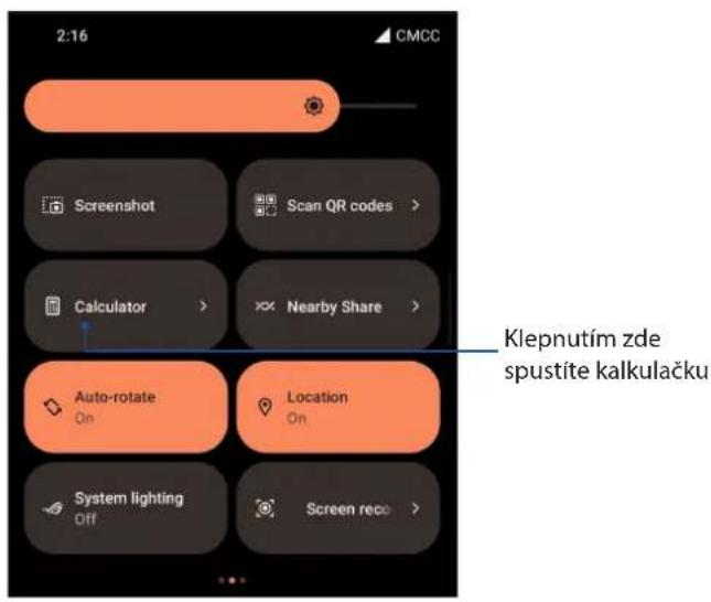 2:16 CMCC Screenshot Scan QR codes > Calculator > Nearby Share > Auto-rotate On Location On System lighting Off Screen reco > Klepnutím zde spustíte kalkulačku >